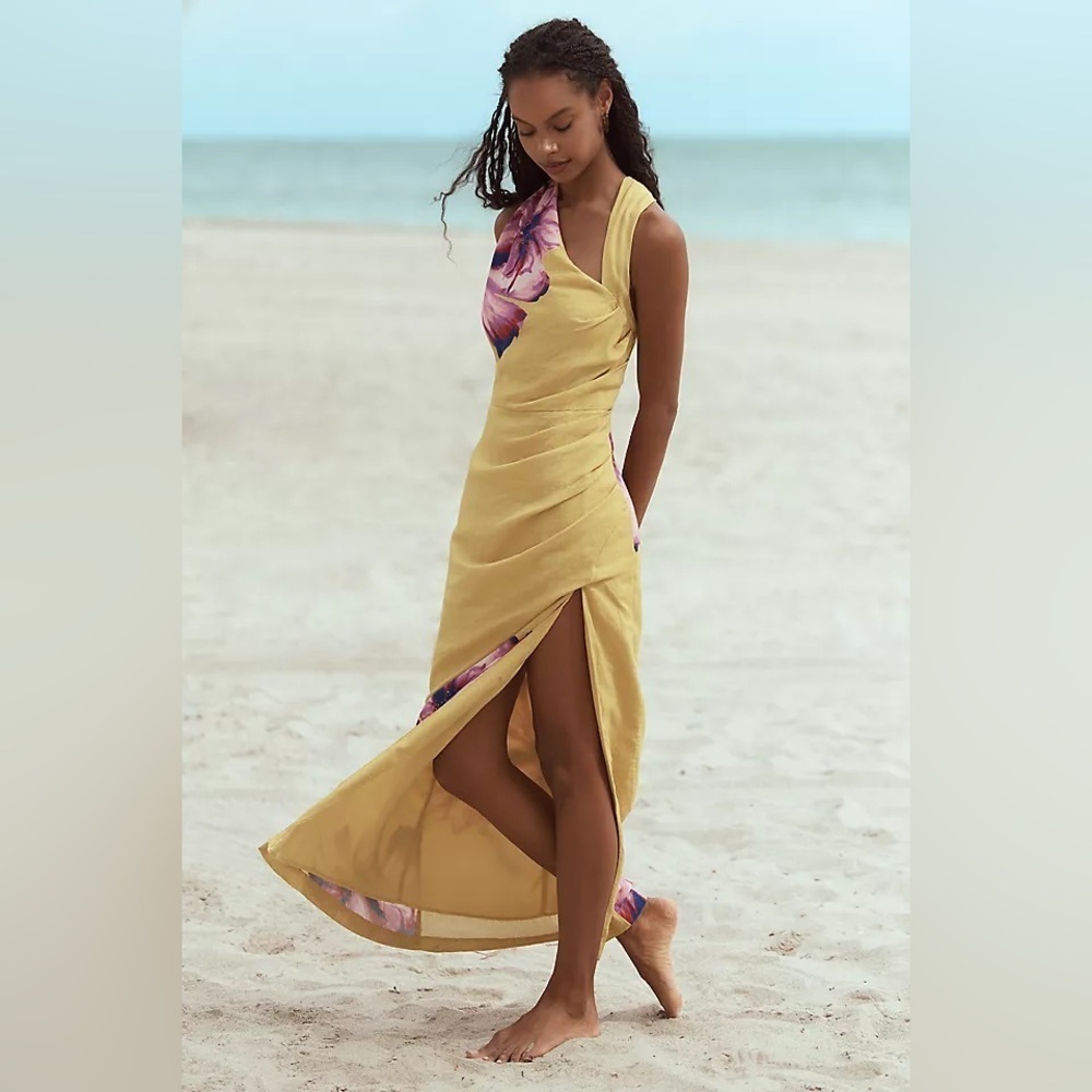 Anthropologie Yellow Maxi Dress with Pink Floral Accent